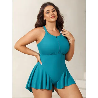 Bloomchic Women's Plus Size Zipper Front Ruffled One-piece Swimsuit Teal Non Gathered Adaptive-fit 22-24/3x In Blue
