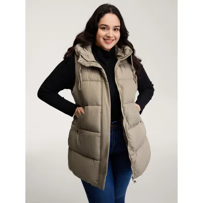 Bloomchic Women's Plus Size Zipper High Neck Hooded Quilted Vest Darkbrown Ruched 12/l In Brown