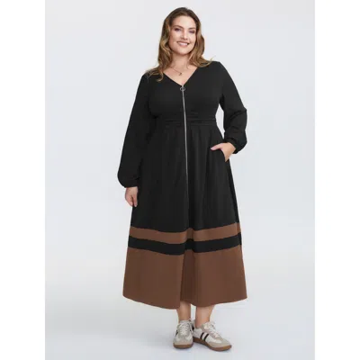 Bloomchic Women's Plus Size Zipper-front Color Contrast Maxi Dress Black Non Maxi Casual Colorblock 10/m