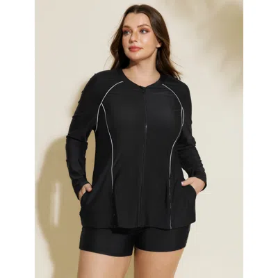 Bloomchic Women's Plus Size Zipper-front Fitted Swim Top Black Solid Long Sleeve Colorblock 10/m