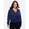 Bloomchic Wrap Neck Drop Shoulder Ribbed Hem Pullover In Blue