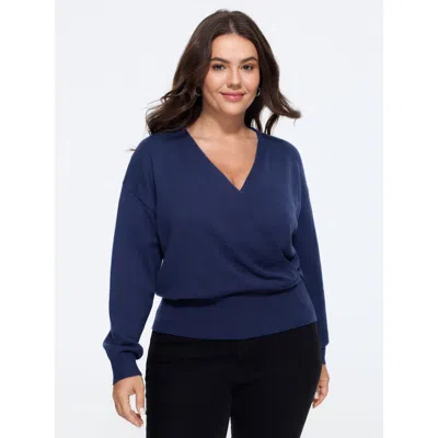 Bloomchic Wrap Neck Drop Shoulder Ribbed Hem Pullover In Blue