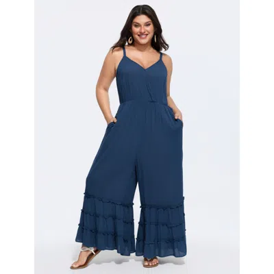 Bloomchic Wrap Ruffle Tiered Hem Wide Leg Jumpsuit In Blue