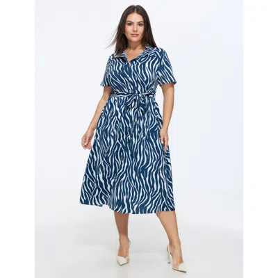 Bloomchic Zebra Print Waist-tie Midi Shirt Dress In Blue