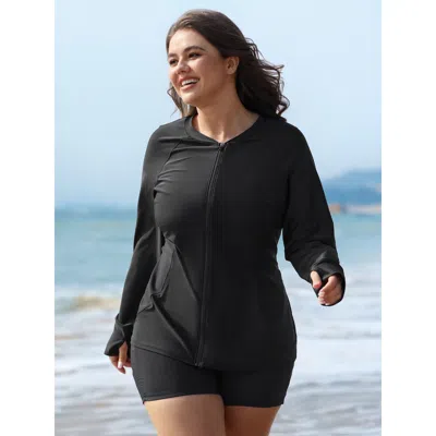 Bloomchic Zipper-front Pockets Raglan Sleeve Swim Top In Black