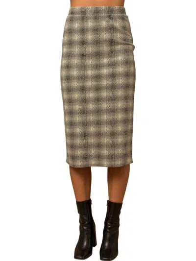 Bloomero Elastic Waist Back Slit Plaid Midi Skirt In Black/ivory Plaid In Multi