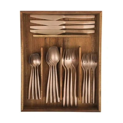 Bloomhouse 20 Piece Stone Washed Gold Flatware 18/10 Stainless Steel Silverware Cutlery Utensil Set With Acacia In Rose Gold
