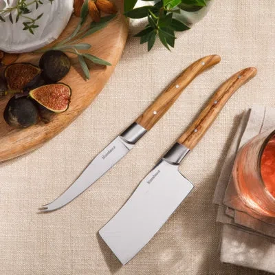 Bloomhouse 2-piece German Steel Cheese Knife Set With Olive Wood Handles – Artisan Soft & Hard Cheese Knives Fo In Brown