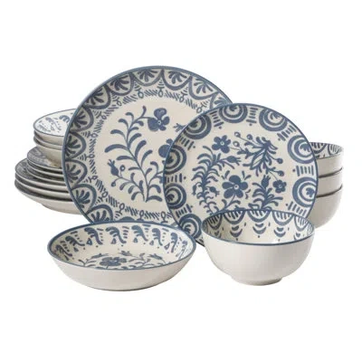 Bloomhouse – 2-time Oprah's Favorite Things – Valencia Flor 16 Piece Dinnerware Set, Artisanal Decorated Stonew In Iris Blue