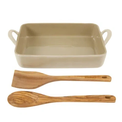 Bloomhouse 3-piece Ceramic Bakeware Set With Olive Wood Tools In Brown
