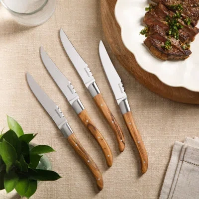 Bloomhouse 4-piece German Stainless Steel Steak Knife Set – Premium Olive Wood Handle Steak Knives, Full-tang B In Brown