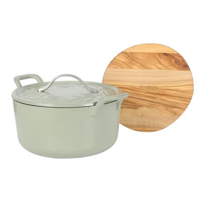 Bloomhouse 7 Qt Cast Iron Dutch Oven W/ Lid, European Enamel, & Walnut Wood Trivet - Oat White In Green