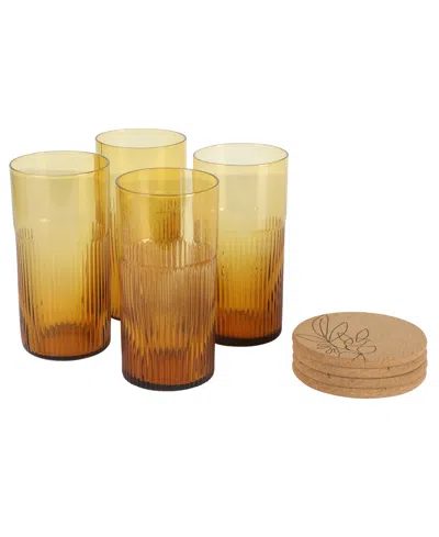 Bloomhouse 8 Pc Handmade Colored Glass 18.5 oz Tumbler Coaster Set In Tumeric