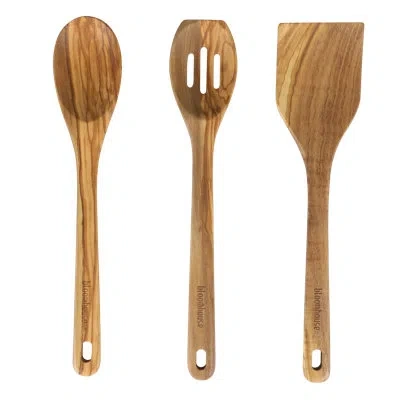 Bloomhouse Italian Olive Wood 3 Piece Extra-large 14 Inch Turner, Spoon, And Slotted Spoon Set In Natural Wood