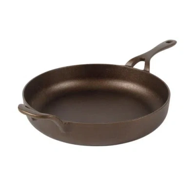 Bloomhouse Natural Bronze Finish Cast Iron Skillet With Long Handle, Helper Handle & Olive Wood Triv In Brown