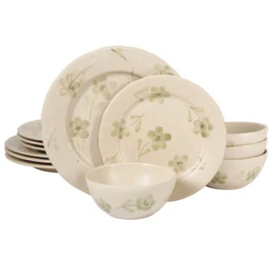 Bloomhouse Porto Petals 12 Piece Plates And Bowls Hand Painted Floral Dinnerware Set In Green