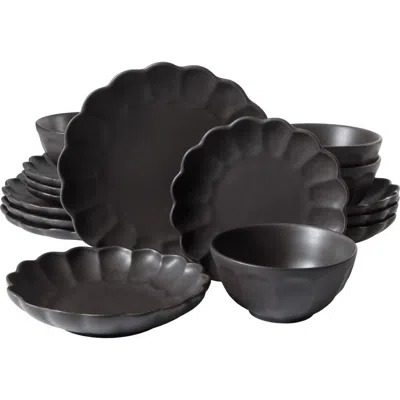Bloomhouse Yuelu Bloom 16 Piece Plates And Bowls Scallop Embossed Dinnerware Set In Black
