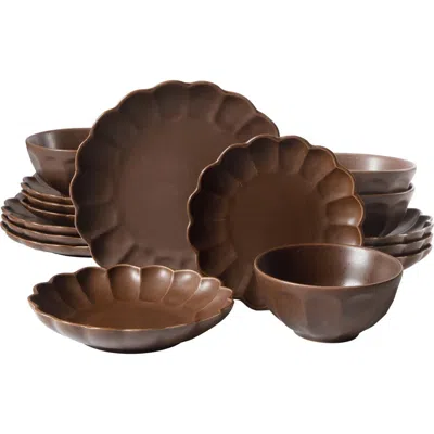 Bloomhouse Yuelu Bloom 16 Piece Plates And Bowls Scallop Embossed Dinnerware Set In Brown