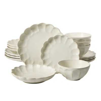 Bloomhouse Yuelu Bloom 16 Piece Plates And Bowls Scallop Embossed Dinnerware Set In White