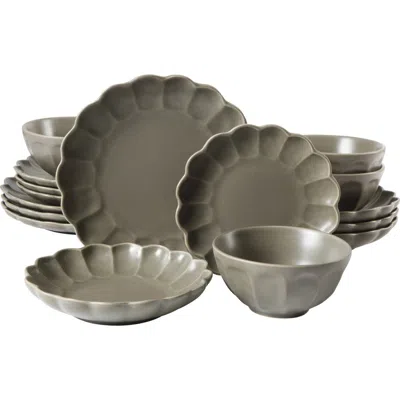 Bloomhouse Yuelu Bloom 16 Piece Plates And Bowls Scallop Embossed Dinnerware Set In Brown