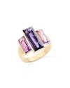 BLOOMINGDALE'S AMETHYST & PINK AMETHYST THREE STONE RING IN 14K YELLOW GOLD