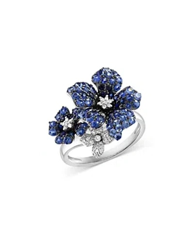Bloomingdale's Blue Sapphire & Diamond Triple Flower Statement Ring In 14k White Gold In Metallic