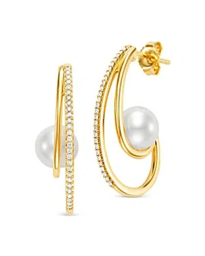 Bloomingdale's Cultured Freshwater Pearl & Diamond Swoop Hoop Earrings In 14k Yellow Gold
