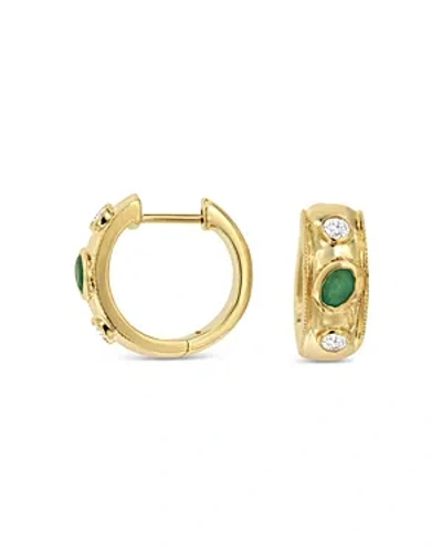 Bloomingdale's Emerald & Diamond Bezel Huggie Hoop Earrings In 14k Yellow Gold