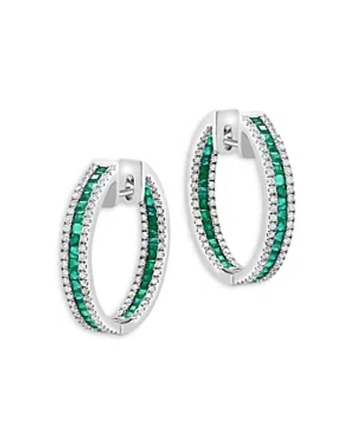 Bloomingdale's Emerald & Diamond Hoop Earrings In 14k White Gold In Metallic