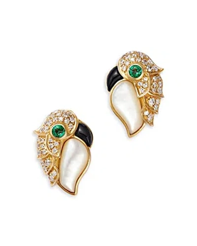 Bloomingdale's Emerald, Mother Of Pearl, Onyx, & Diamond Bird Stud Earrings In 14k Yellow Gold In Multi
