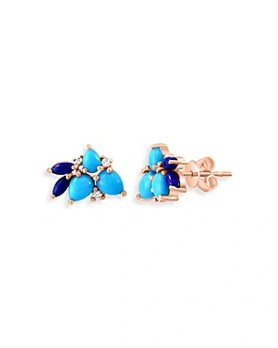 Bloomingdale's Lapis, Turquoise & Diamond Cluster Stud Earrings In 14k Yellow Gold In Blue
