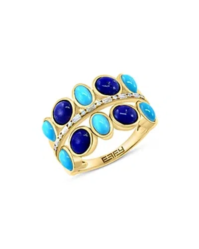 Bloomingdale's Lapis, Turquoise & Diamond Double Row Ring In 14k Yellow Gold In Blue