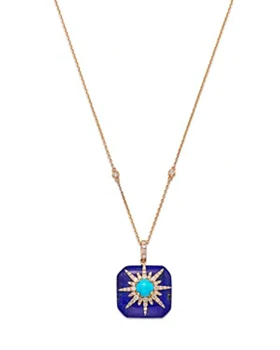 Bloomingdale's Lapis, Turquoise, & Diamond Starburst Pendant Necklace In 14k Yellow Gold, 18 In Blue
