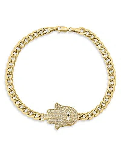 Bloomingdale's Men's Black & White Diamond Hamsa Hand Curb Link Chain Bracelet In 14k Yellow Gold, 0.56 Ct. T.w.