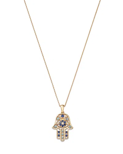 Bloomingdale's Blue Sapphire, Blue Topaz, & Diamond Accent Hamsa Hand Pendant Necklace In 14k Yellow Gold, 17 In Blue/gold