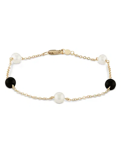 Bloomingdale's Cultured Freshwater Pearl & Onyx Bead Chain Link Bracelet In 14k Yellow Gold - Exclusive