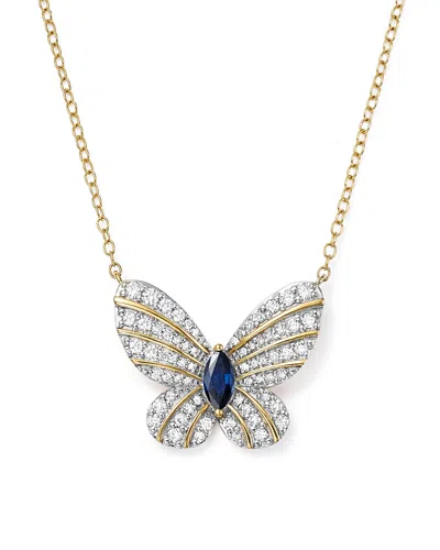 Bloomingdale's Diamond And Blue Sapphire Butterfly Pendant Necklace In 14k Yellow Gold, 17 - Exclusive In Multi/gold