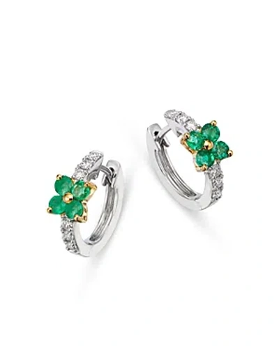 Bloomingdale's Emerald & Diamond Flower Huggie Hoop Earrings In 14k Yellow & White Gold In Green/white