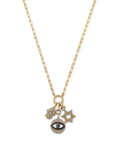 Bloomingdale's Fine Collection Blue Sapphire & Black & White Diamond Evil Eye, Hamsa, And Star Of David Charm Necklace With A Paper In Gold