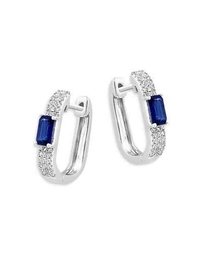 Bloomingdale's Fine Collection Blue Sapphire & Diamond Square Huggie Hoop Earrings In 14k White Gold In Blue/white