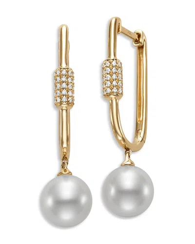 Bloomingdale's Fine Collection Cultured Freshwater Pearl & Diamond Charm Oval Hoop Earrings In 14k Yellow Gold In Multi