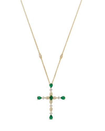 Bloomingdale's Fine Collection Emerald & Diamond Cross Pendant Necklace In 14k Yellow Gold In Multi