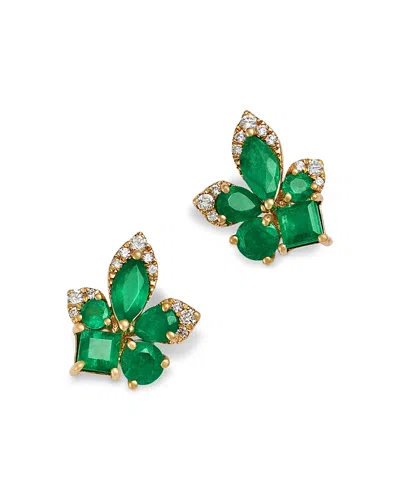 Bloomingdale's Fine Collection Emerald & Diamond Flower Cluster Stud Earrings In 14k Yellow Gold In Multi