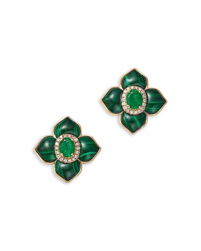 Bloomingdale's Fine Collection Emerald, Malachite & Diamond Clover Earrings In 14k Yellow Gold