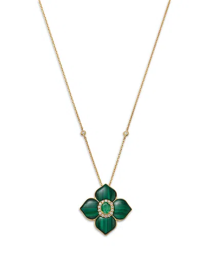 Bloomingdale's Fine Collection Emerald, Malachite & Diamond Flower Pendant Necklace In 14k Yellow Gold, 18 In Multi