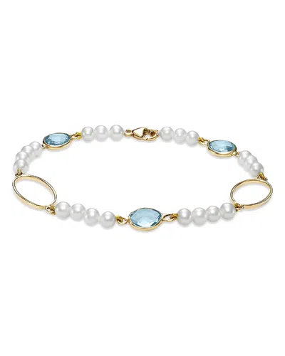 Bloomingdale's Fine Collection Freshwater Pearl & Blue Topaz Oval Link Chain Bracelet In 14k Yellow Gold