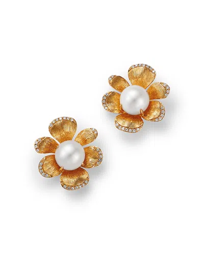 Bloomingdale's Fine Collection Freshwater Pearl & Diamond Flower Stud Earrings In 14k Yellow Gold