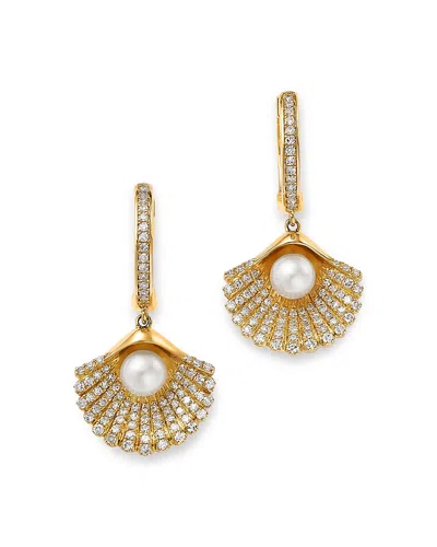 Bloomingdale's Fine Collection Freshwater Pearl & Diamond Shell Drop Earrings In 14k Yellow Gold
