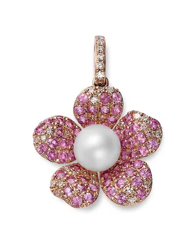 Bloomingdale's Fine Collection Freshwater Pearl, Pink Sapphire & Diamond Flower Pendant In 14k Rose Gold In Purple