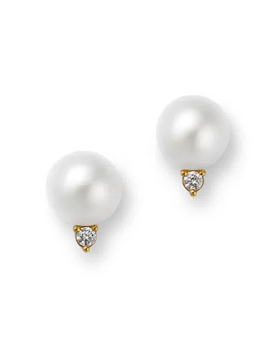 Bloomingdale's Fine Collection Lab Grown Diamond & Cultured Freshwater Pearl Stud Earrings In 14k Yellow Gold, 0.10 Tcw In White